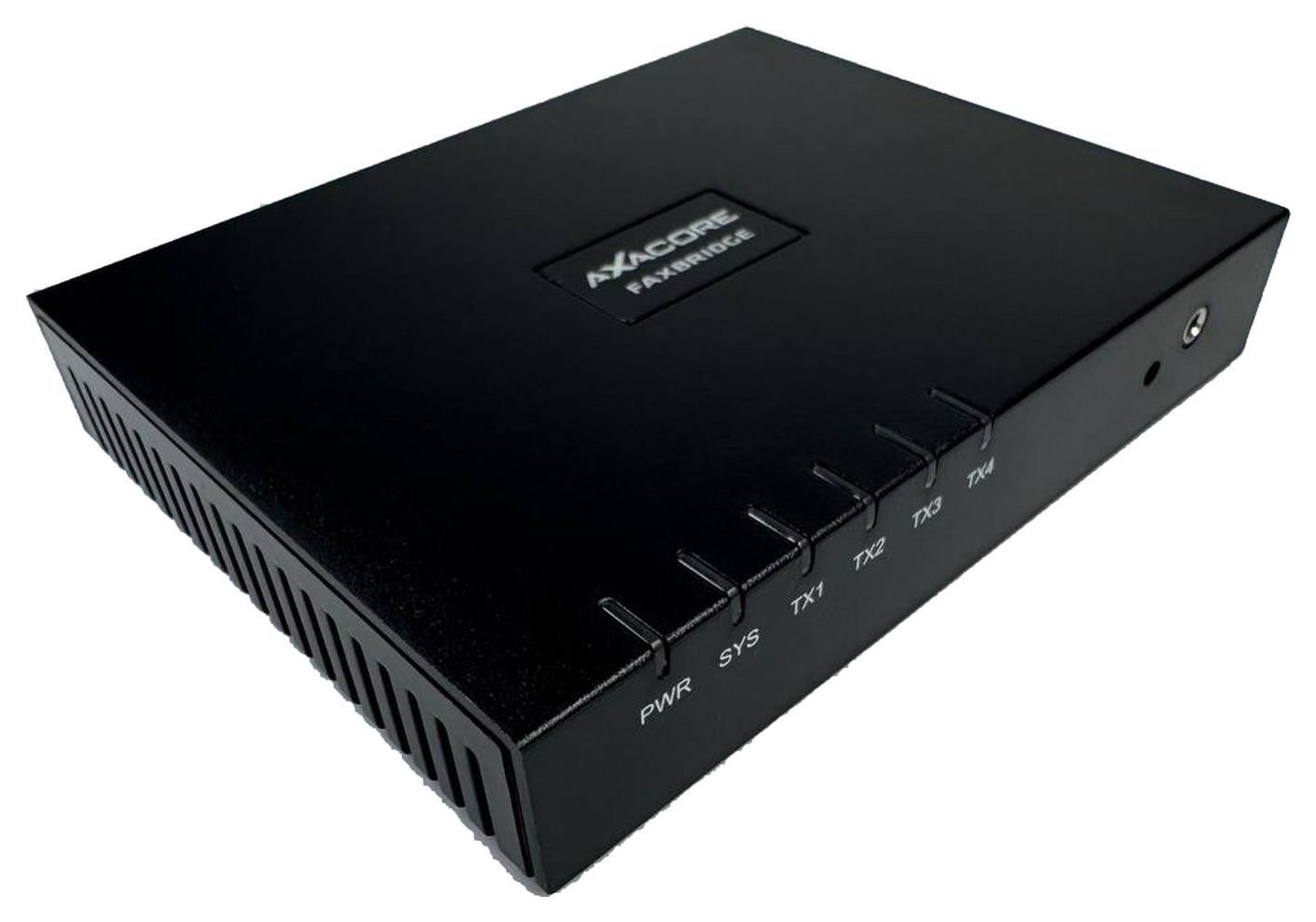 Axacore FaxBridge FXB21 cloud fax adapter, three-quarter view showing the front status lights